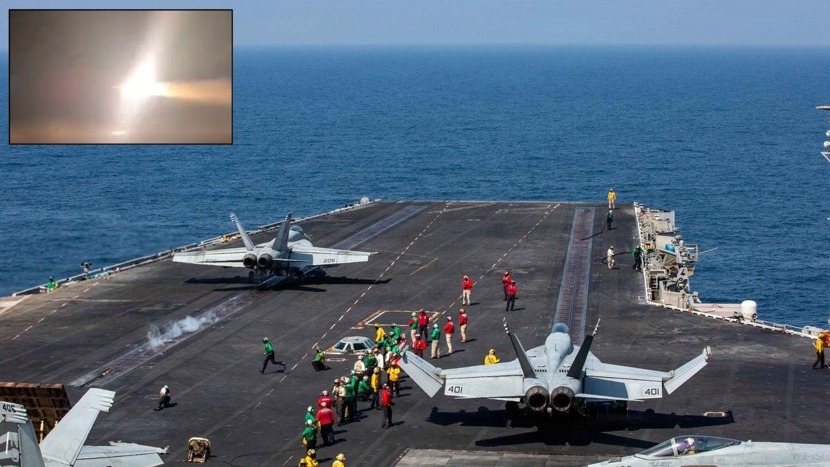 US military aircraft take off from the aircraft carrier 'USS Abraham Lincoln'; (inset) Visuals from the alleged cruise missile strike on the aircraft carrier | X/@CENTCOM, @FarsNews_Agency

