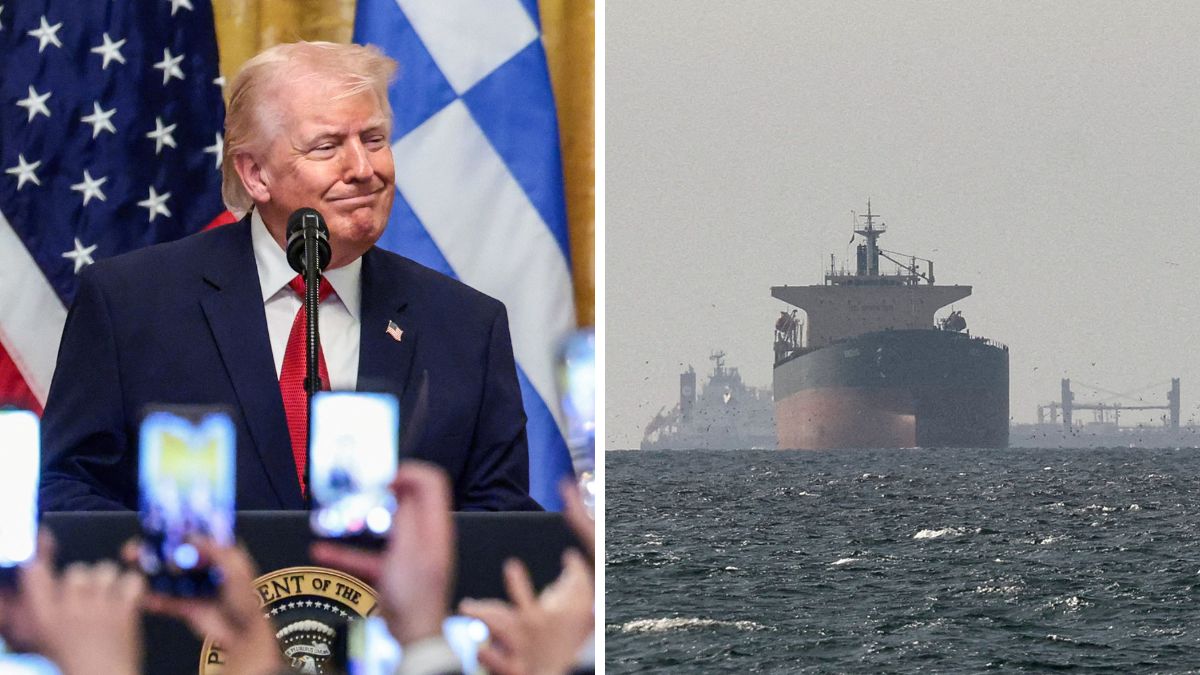 US President Donald Trump. (Right) Cargo ships in the Gulf, near the Strait of Hormuz, as seen from northern Ras al-Khaimah | Reuters 