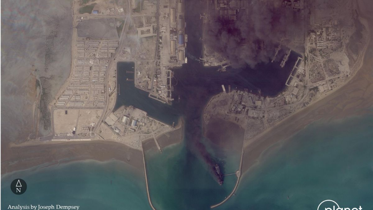 Satellite images showing Iranian naval base Bandar Abbas on fire following US attacks | Joseph Dempsey via Planet Labs 