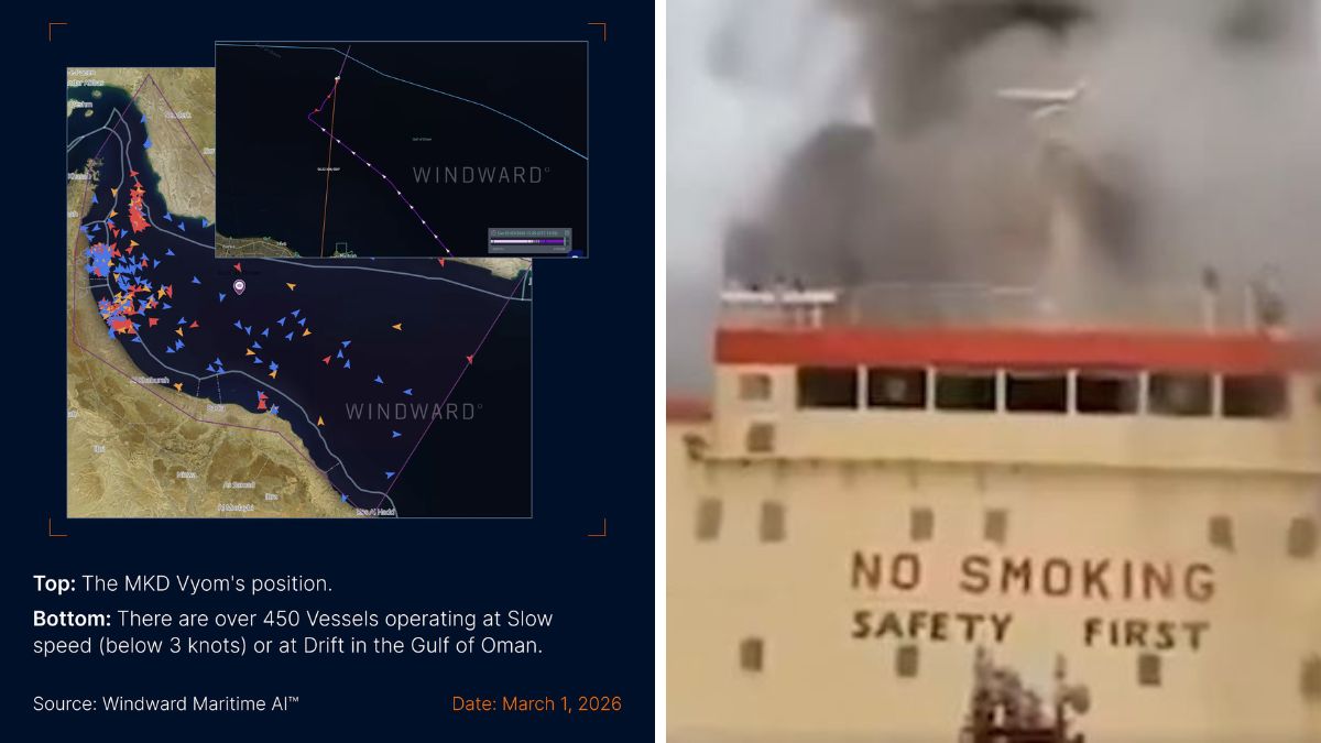 A satellite image showing MKD Vyom's position. (Right) The vessel on fire | X 