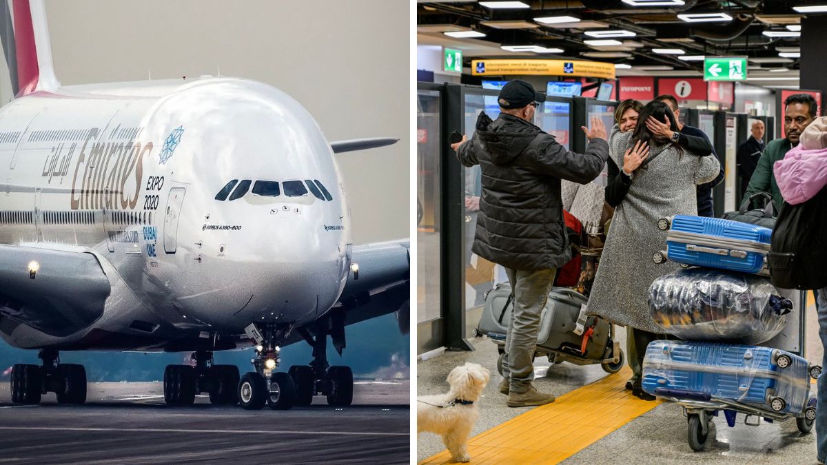 A Emirates flight. (Right) Flight from Abu Dhabi with passengers returning to Italy arrives at Fiumicino Airport, in Rome | AP 