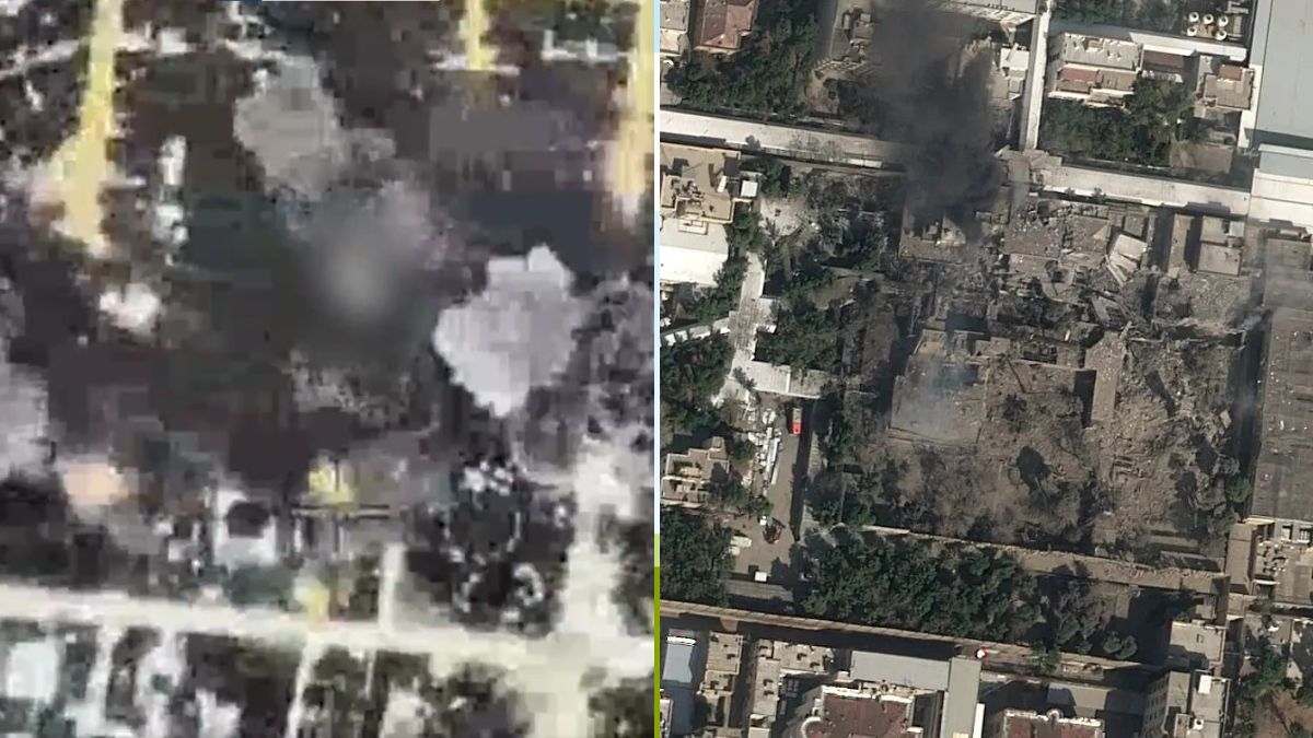 Visuals from the Israeli Defense Forces' Friday strike on Ali Khamenei's underground bunker (L); [File] Aerial visuals of damage to the Supreme Leader's compound before his death (R) | X/@IDF, @Airbus