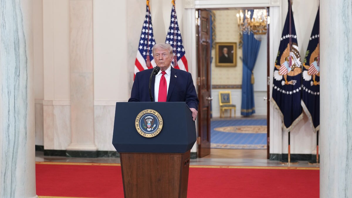President Donald Trump speaks about the Iran war from the Cross Hall of the White House | AP