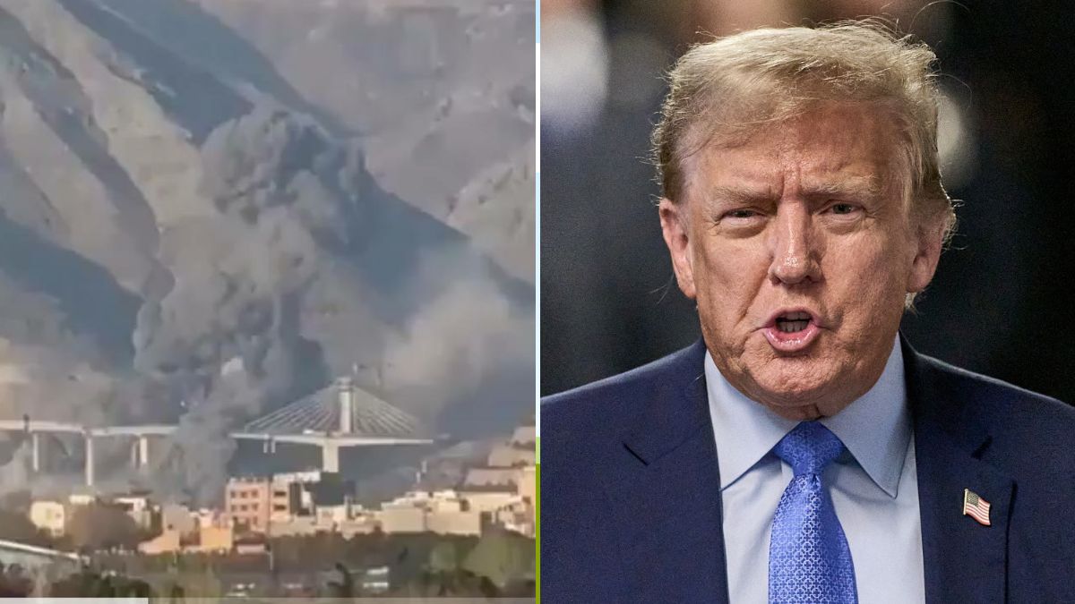 Visuals from the US-Israel airstrikes on the B1 Bridge in Iran (L) and US President Donald Trump (R) | Truth Social, AP