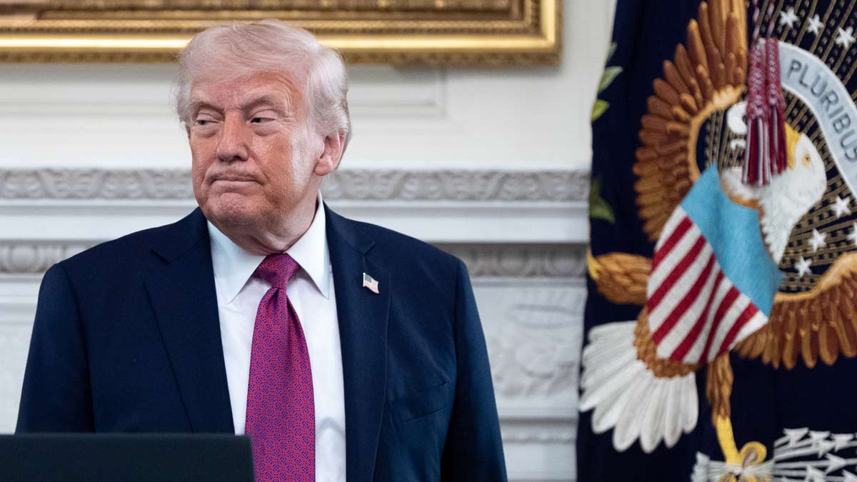 President Donald Trump departs after speaking at an event for NCAA national champions in the State Dining Room of the White House, in Washington | AP