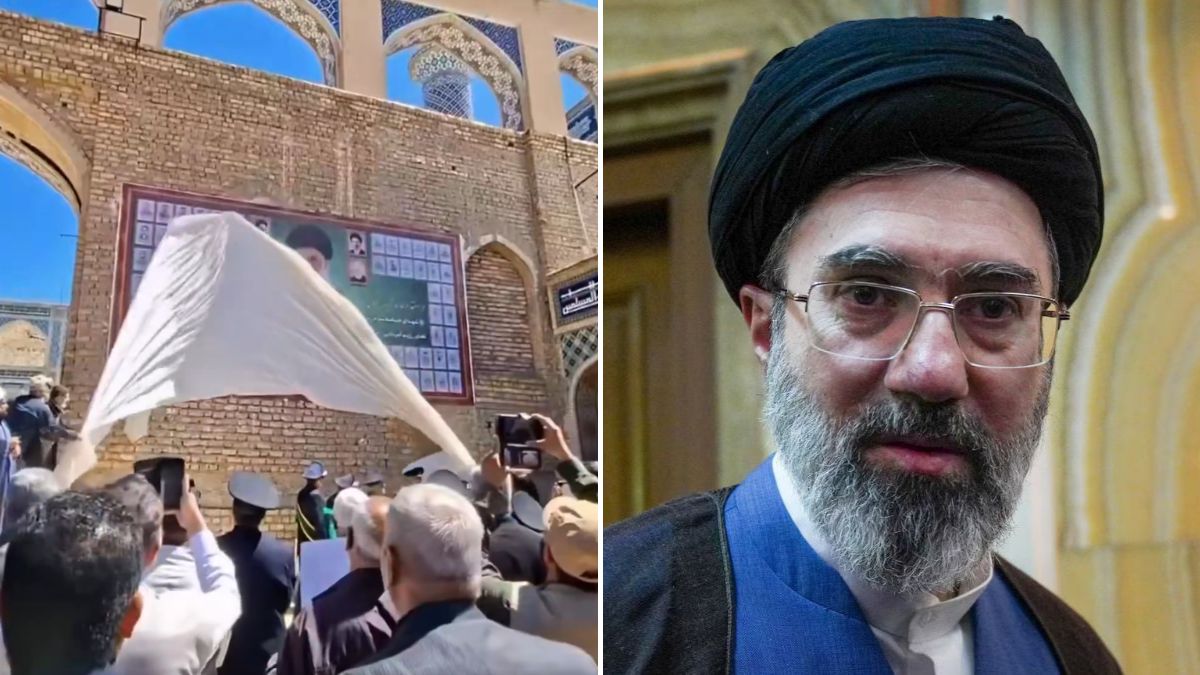 A visual from the 'Martys' mural unveiling at Mashhad in Iran (L) and Iran's Supreme Leader Mojtaba Khamenei (R) | X/@Osint613, Reuters