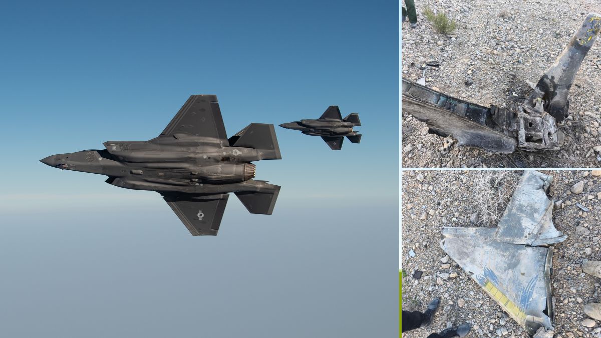 Representative image of F-35 fighter jets (L); Debris that Iran has claimed is from the F-35 fighter jet it allegedly 'downed' on Friday (R) | X/@CENTCOM, Telegram/@Tasnim News