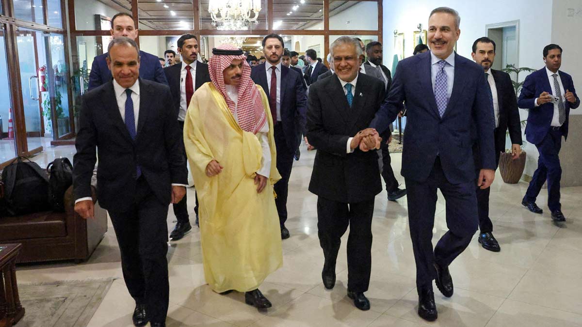 Foreign Ministers Badr Abdelatty of Egypt, Prince Faisal bin Farhan Al Saud of Saudi Arabia, Ishaq Dar of Pakistan and Hakan Fidan of Turkey meet to discuss regional de-escalation, amid the US-Israel conflict with Iran, in Islamabad on March 29 | Reuters