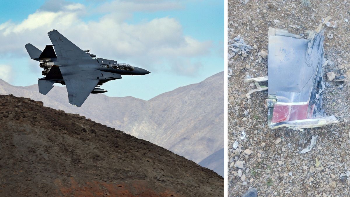 (L) An F-15E Strike Eagle jet, (R) Fragments of downed US jets in this picture said to be taken in central Iran | AP, Reuters