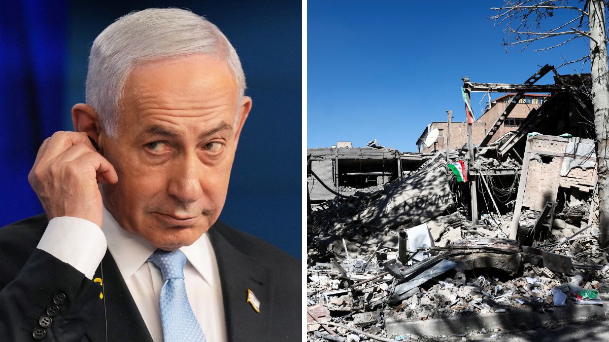 Israel Prime Minister Benjamin Netanyahu. (Right) An Iranian flag lies amidst the rubble of a building of the Sharif University of Technology, which was damaged in a strike, amid the U.S.-Israeli conflict with Iran, in Tehran | X 
