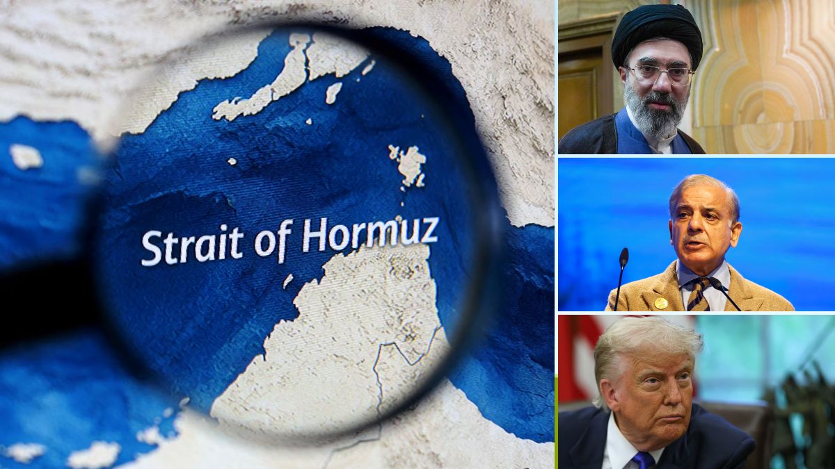 (Clockwise from left) Representative image of the Strait of Hormuz, Iran's Supreme Leader Mojtaba Khamenei, Pakistan PM Shehbaz Sharif, and US President Donald Trump | AP, Reuters