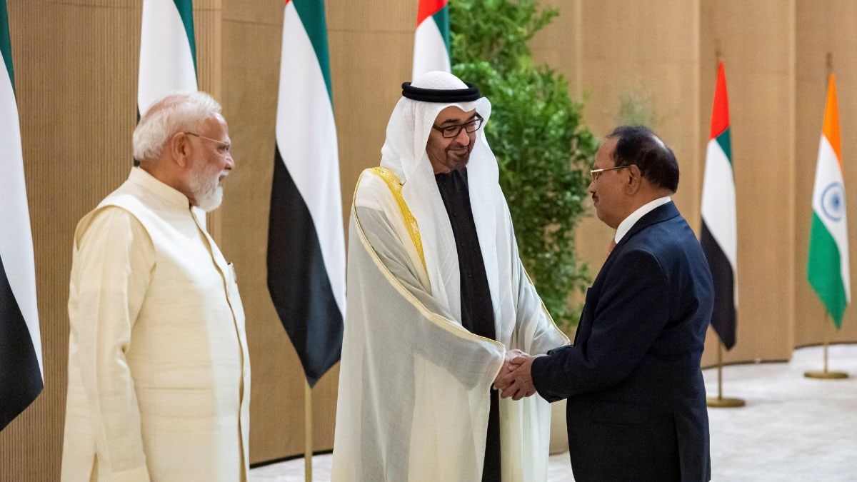 UAE President Sheikh Mohamed bin Zayed Al Nahyan greets National Security Advisor Ajit Doval during an official reception for Prime Minister Narendra Modi at the Presidential Airport in Abu Dhabi | Reuters