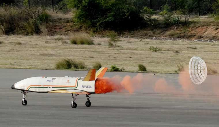 ISRO's Reusable Launch Vehicle (RLV) 'Pushpak' during its Landing EXperiment (LEX), on Sunday | ISRO