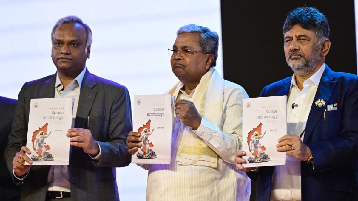 Karnataka CM Siddaramaiah (centre), Deputy CM D. K. Shivakumar (right), and IT minister Priyank Kharge (left) unveil the SpaceTech Policy 2025–2030 | Bhanu Prakash Chandra