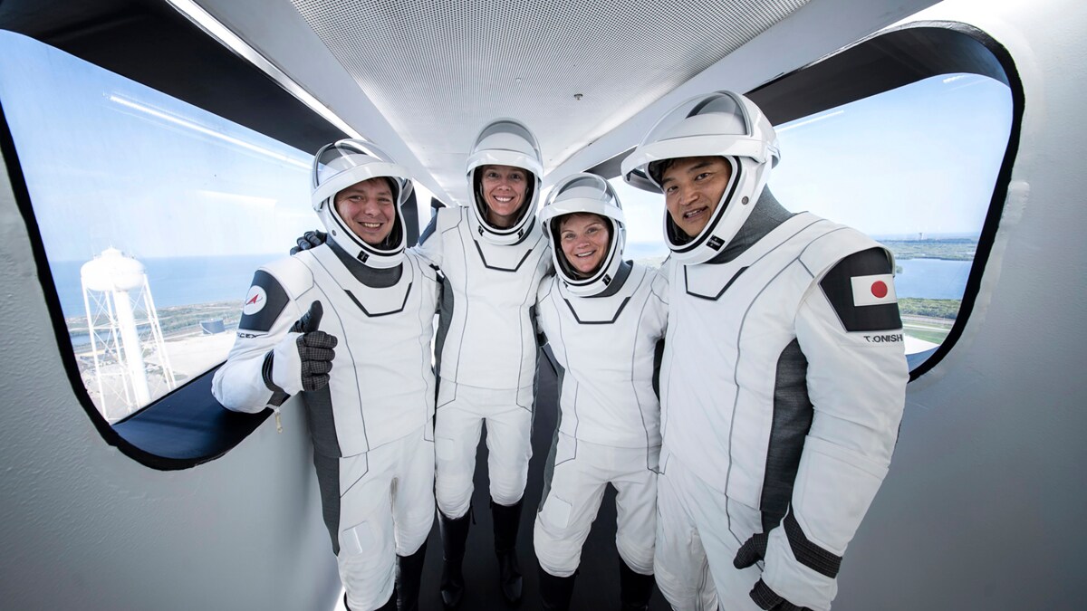 This image provided by NASA shows four astronauts completing a countdown dress rehearsal on March 9, 20295, at NASA's Kennedy Space Center in Florida, ahead of their planned SpaceX launch. From left, Russia's Kirill Peskov, NASA's Nichole Ayers and Anne McClain, and Japan's Takuta Onishi. (NASA via AP)