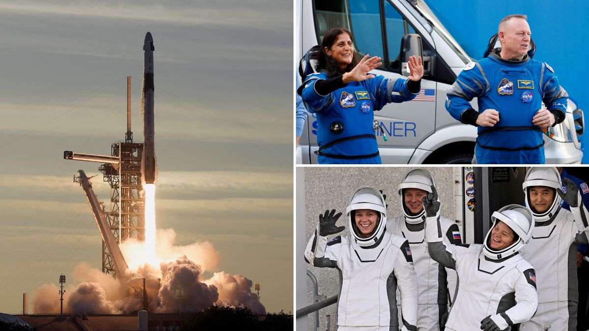 Left: SpaceX mission during launch; Right top: (File) NASA astronauts Sunita Williams and Butch Wilmore in June 2024; Right bottom: The Crew-10 ahead of the mission | Reuters