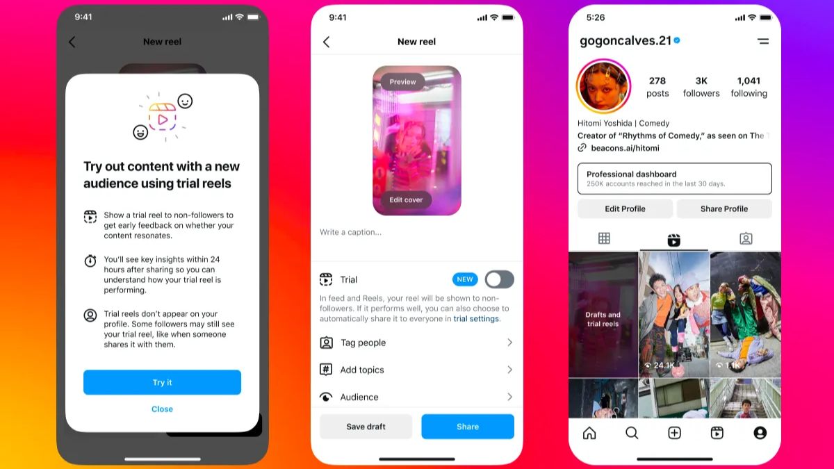 Trial Reels feature on Instagram where you can tryshare content with non-followers first to see what performs best on the platfrom | Instagram/Meta