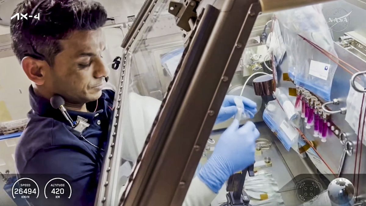 Astronaut Shubhanshu Shukla aboard the Dragon Grace spacecraft during his journey back to Earth as part of the Axiom Mission 4 on July 14 2025 | NASA/Axiom Space