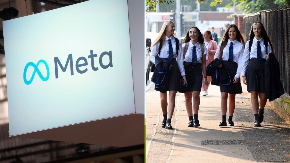 (Representative images) Meta logo (L); Glasgow teenagers returning to school after the COVID-19 lockdown (R) | AP, AFP