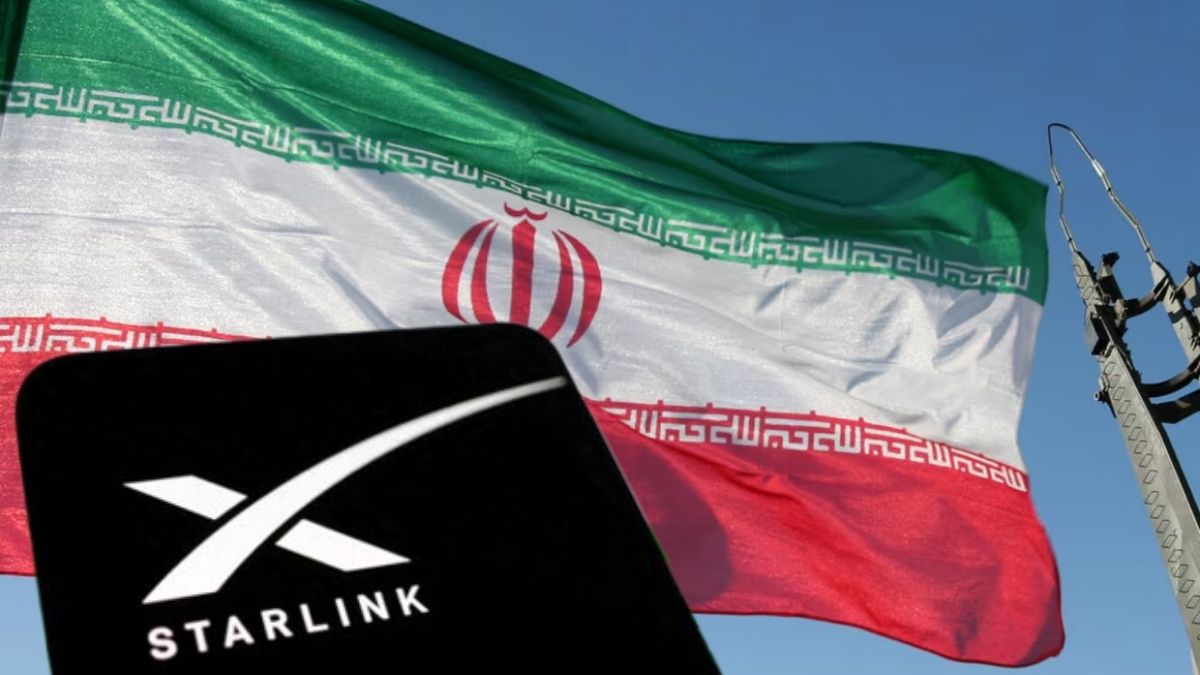 Representative image of the Starlink logo (foreground) and the Iranian flag (background) | Reuters, AFP