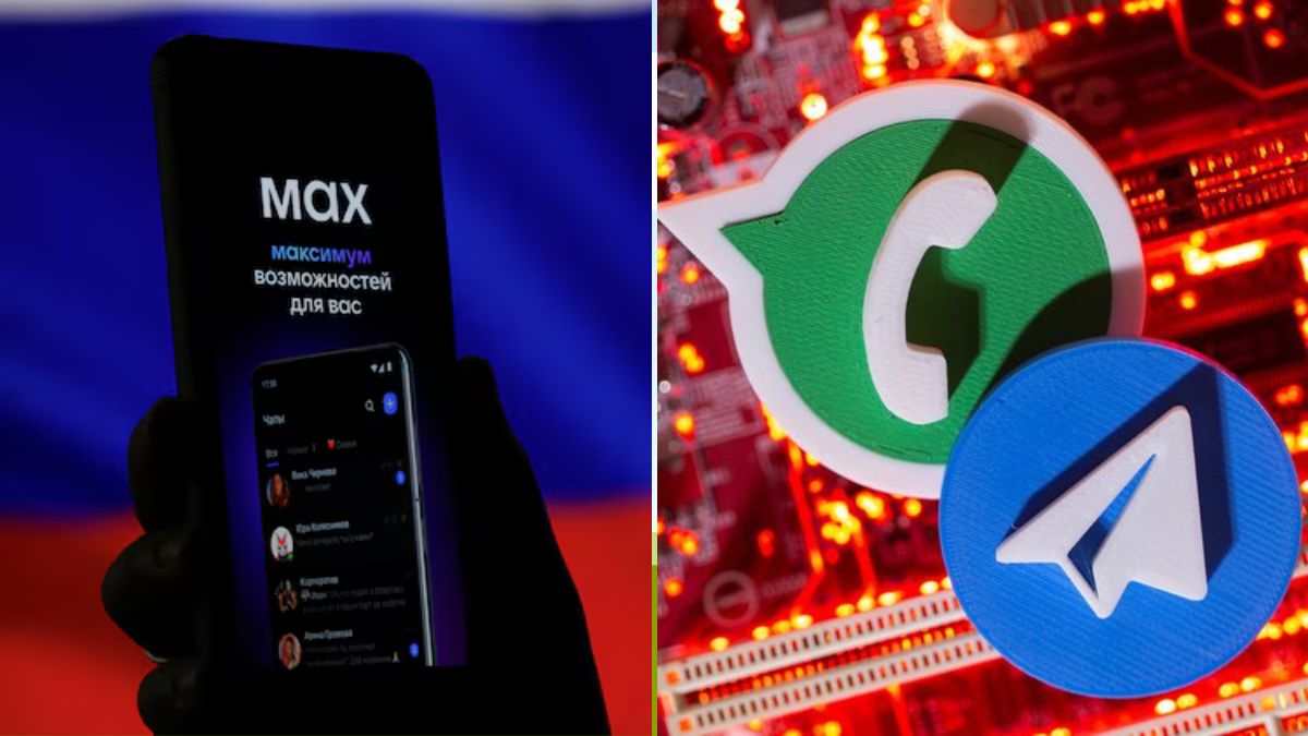 Representative image of Russia's Max app, developed by VK (L); 3D-printed logos of WhatsApp and Telegram (R) | Reuters