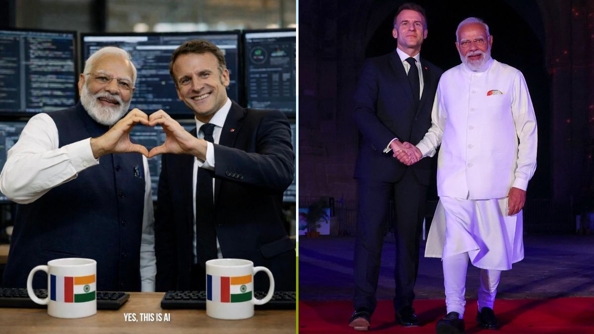 PM Narendra Modi and French President Emmanuel Macron in the latter's viral AI-generated photo (L); A real photo of the two leaders during the India-France Year of Innovation 2026 ceremony in Mumbai (R) | X/@EmmanuelMacron, PTI via PMO