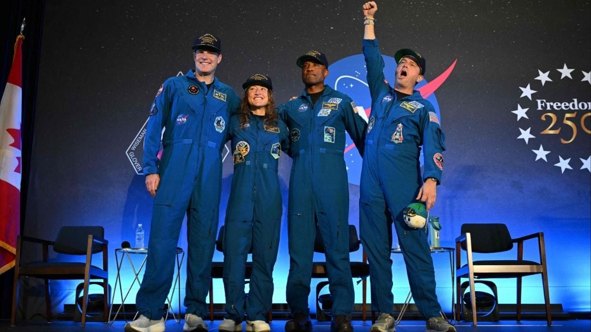 (L-R) Artemis II mission astronauts Jeremy Hansen, Christina Koch, Victor Glover and commander Reid Wiseman attend a welcoming ceremony at Ellington Field Joint Reserve Base in Houston, Texas, on April 11, 2026 | AFP