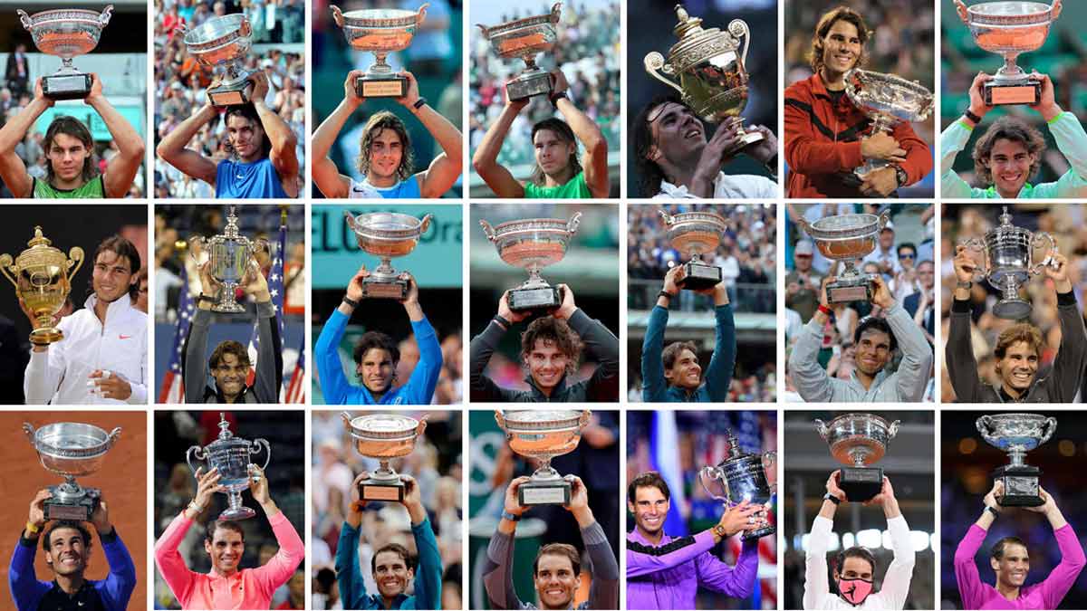 Combination of file pictures shows Rafael Nadal posing with the trophies of his 22 Grand Slam victories  | AFP
