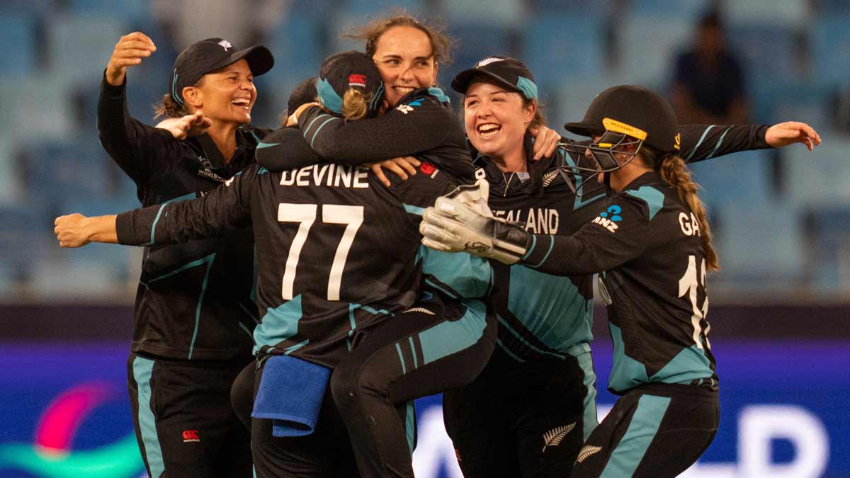 New Zealand players celebrate their win against Pakistan during the ICC Women's T20 World Cup 2024 match at Dubai International Stadium | AP