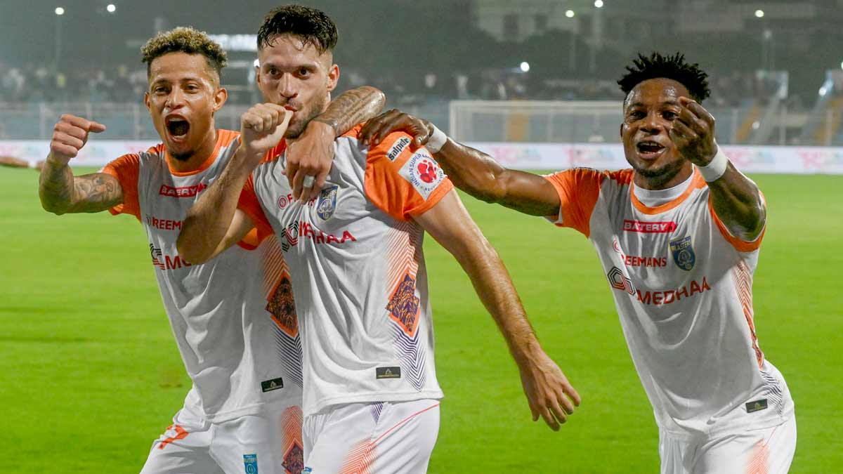 Jesus Jimenez (centre) of Kerela Blasters FC celebrates after scoring a goal against Mohammedan SC, in Kolkata | PTI
