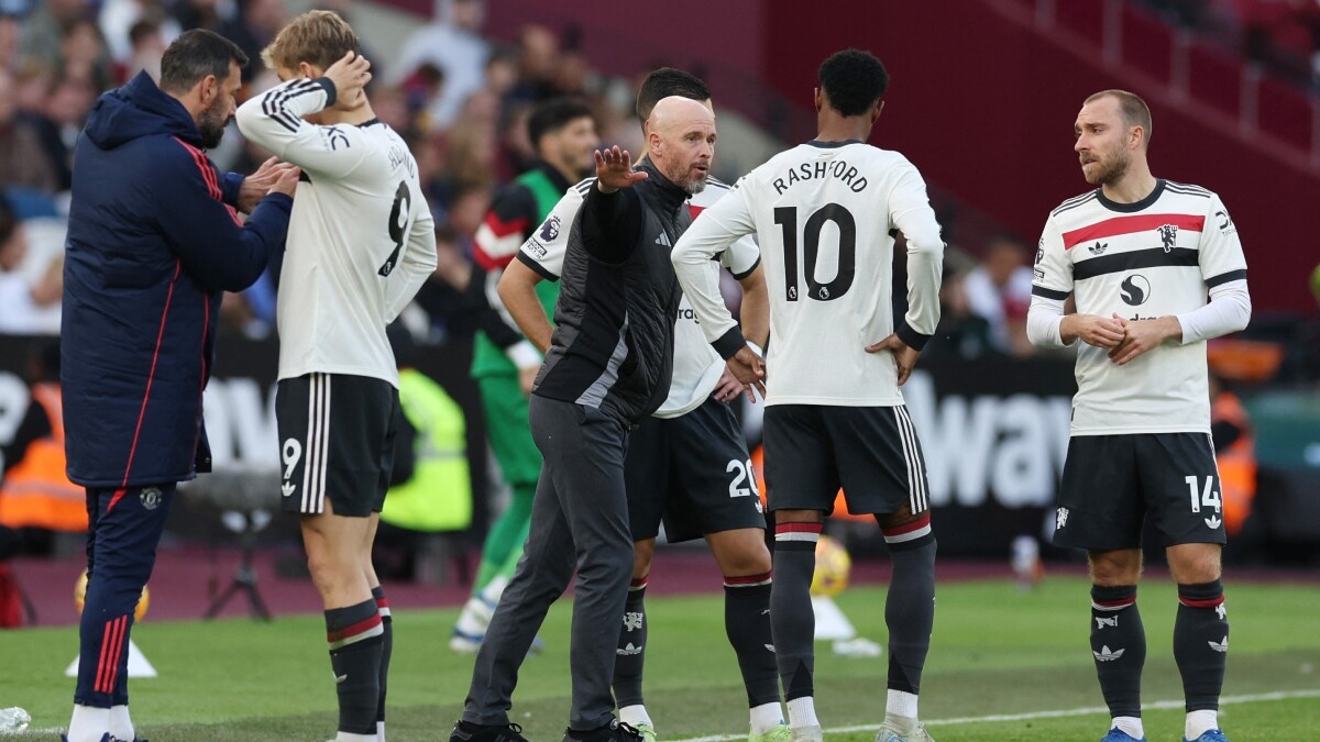 Manchester United manager Erik ten Hag with Marcus Rashford and Christian Eriksen | Reuters 
