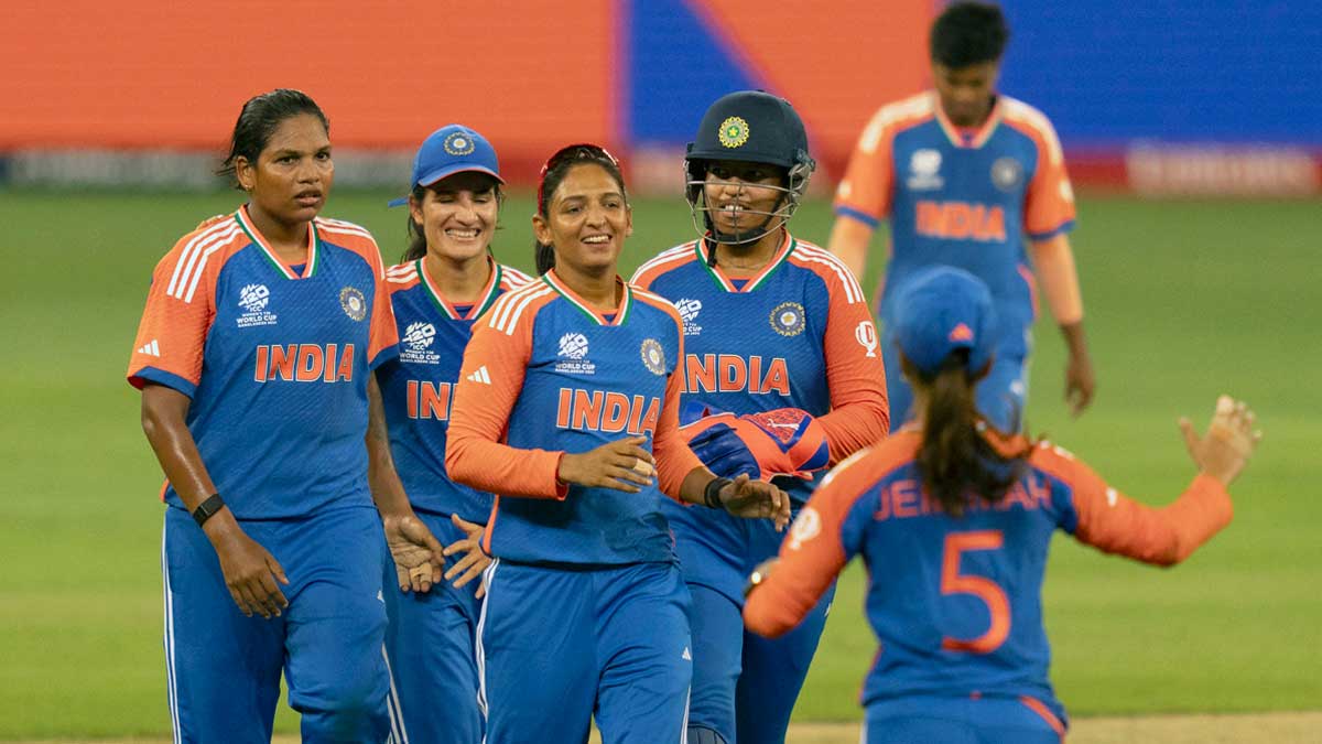 Indian players celebrate the wicket of New Zealand's Georgia Plimmer during the ICC Women's T20 World Cup 2024 match at the Dubai International Stadium | AP