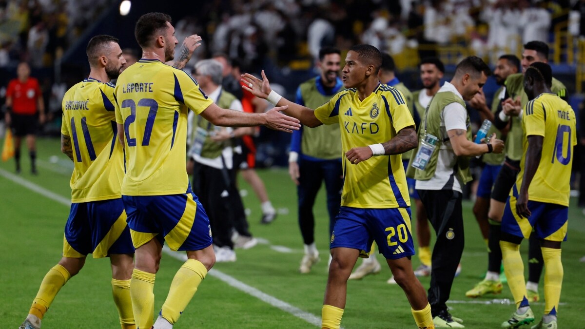 Al Nassr's Angelo celebrates scoring their third goal with Aymeric Laporte and Marcelo Brozovic | Reuters
