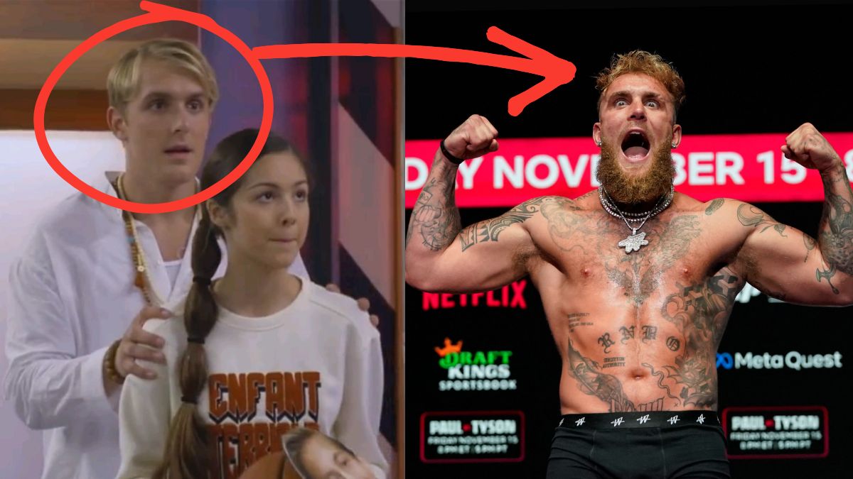 Jake Paul in Disney's Bizaardvark alongside Olivia Rodrigo (left) and during the weigh-in before the Mike Tyson fight | Disney / AFP