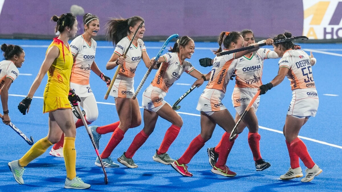 India's Deepika (55) celebrates with teammates after scoring a goal during the Women's Asian Champions Trophy 2024 final against China | PTI