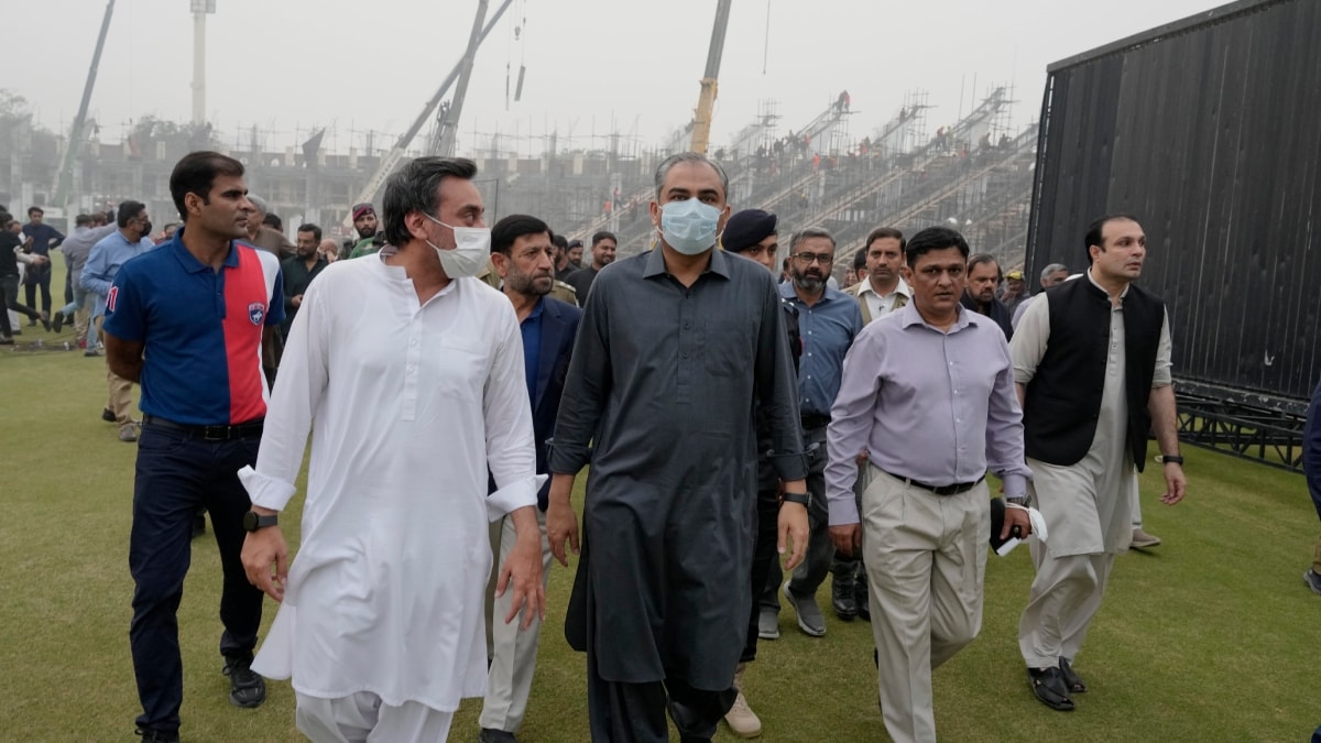 Pakistan's Interior Minister and Chairman of Pakistan Cricket Board Mohsin Naqvi (C) visits to review up-gradation work at Lahore's Gaddafi Stadium | AP