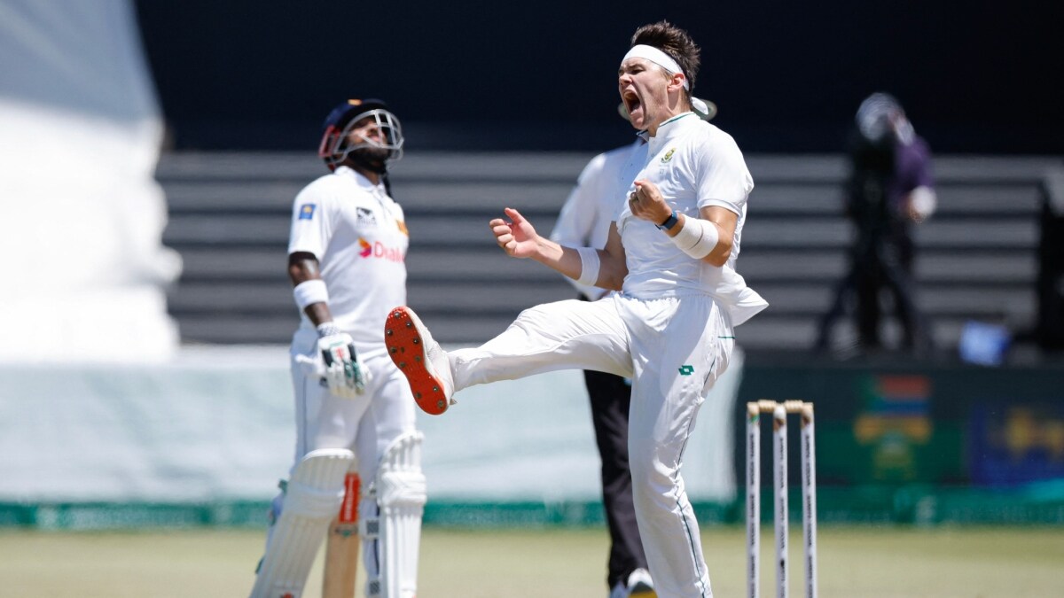 South Africa's Gerald Coetzee celebrates after catching a ball dismissing Sri Lanka's Dinesh Chandimal | AFP
