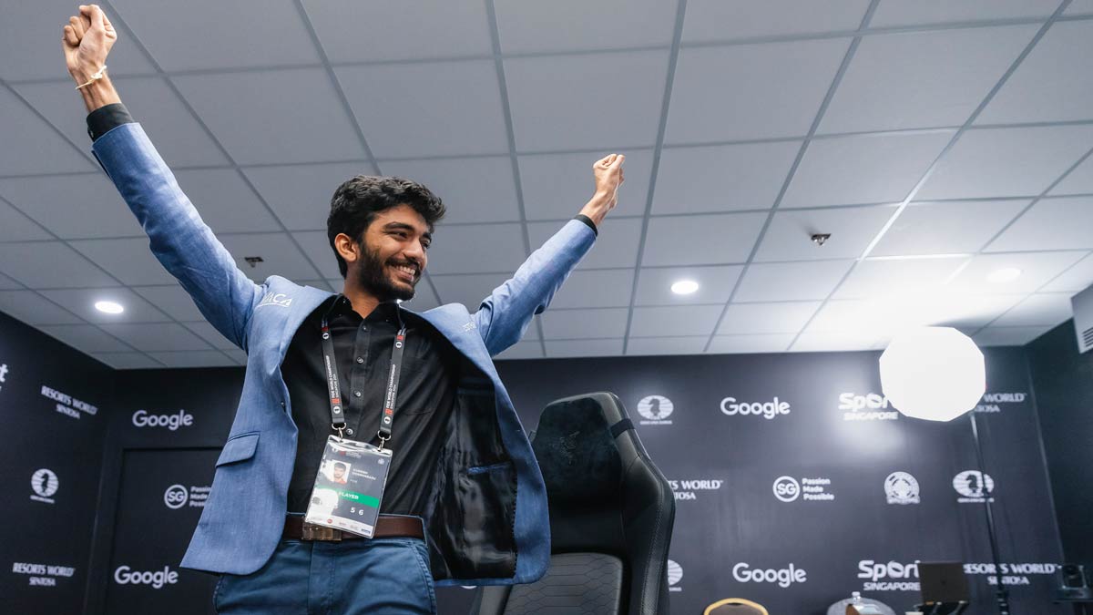 D. Gukesh reacts after beating title-holder Chinas Ding Liren in the 14th and last game of the FIDE World Chess Championship 2024, in Singapore | PTI