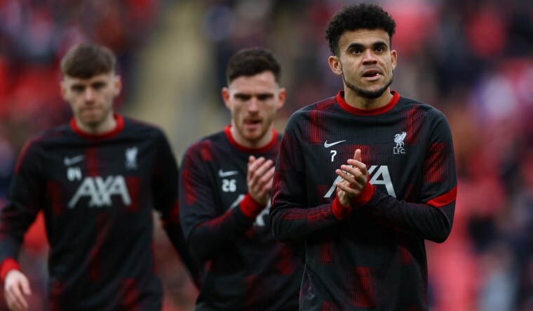 Liverpool's Luis Diaz and Andy Robertson during the warm up | Reuters