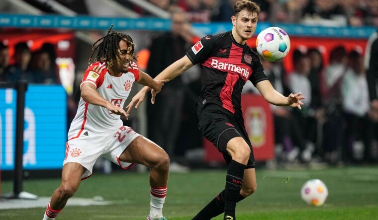 Sacha Boey in action for Bayern Munich against Leverkusen | AP
