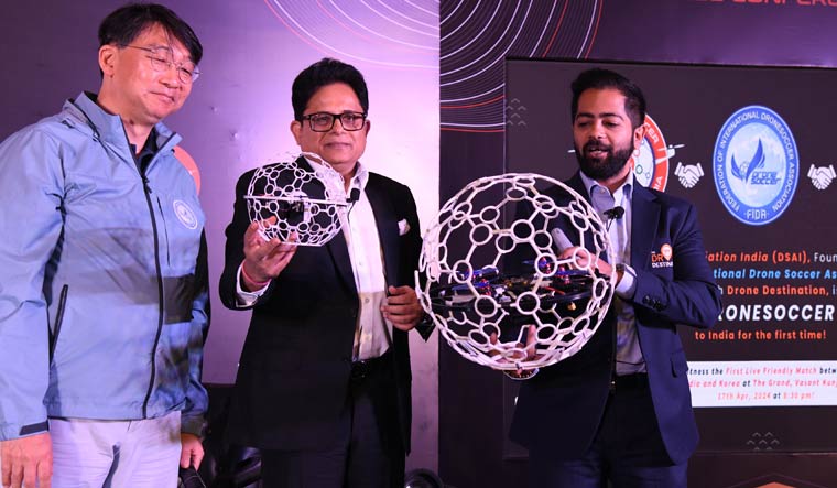 (From left) Sunil Moon Hee, director, Federation International Drone Soccer, Chirag Sharma, CEO, Drone Destinations, and Alok Sharma, chairman, Drone Destination | Sanjay Ahlawat