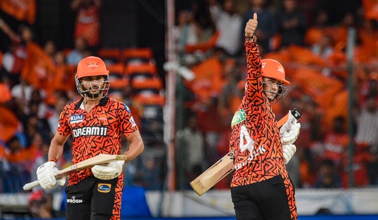 Sunrisers Hyderabad batter Abhishek Sharma celebrates his half century alongside Nitish Kumar Reddy | PTI