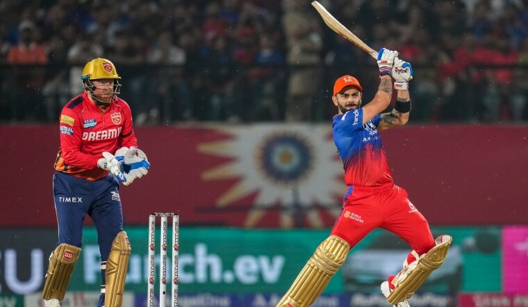 Royal Challengers Bengaluru's Virat Kohli plays a shot against PBKS | PTI