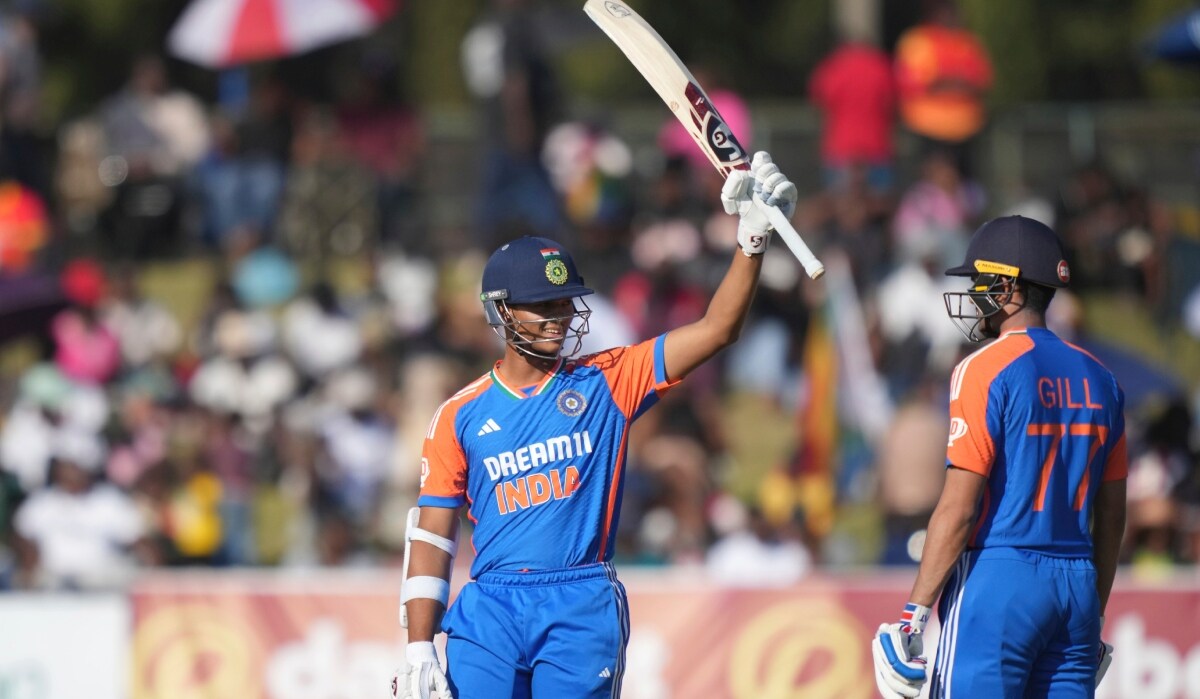 India's Yashasvi Jaiswal celebrates after scoring 50 runs during the T20 cricket match against Zimbabwe as Shubman Gill watches | AP
