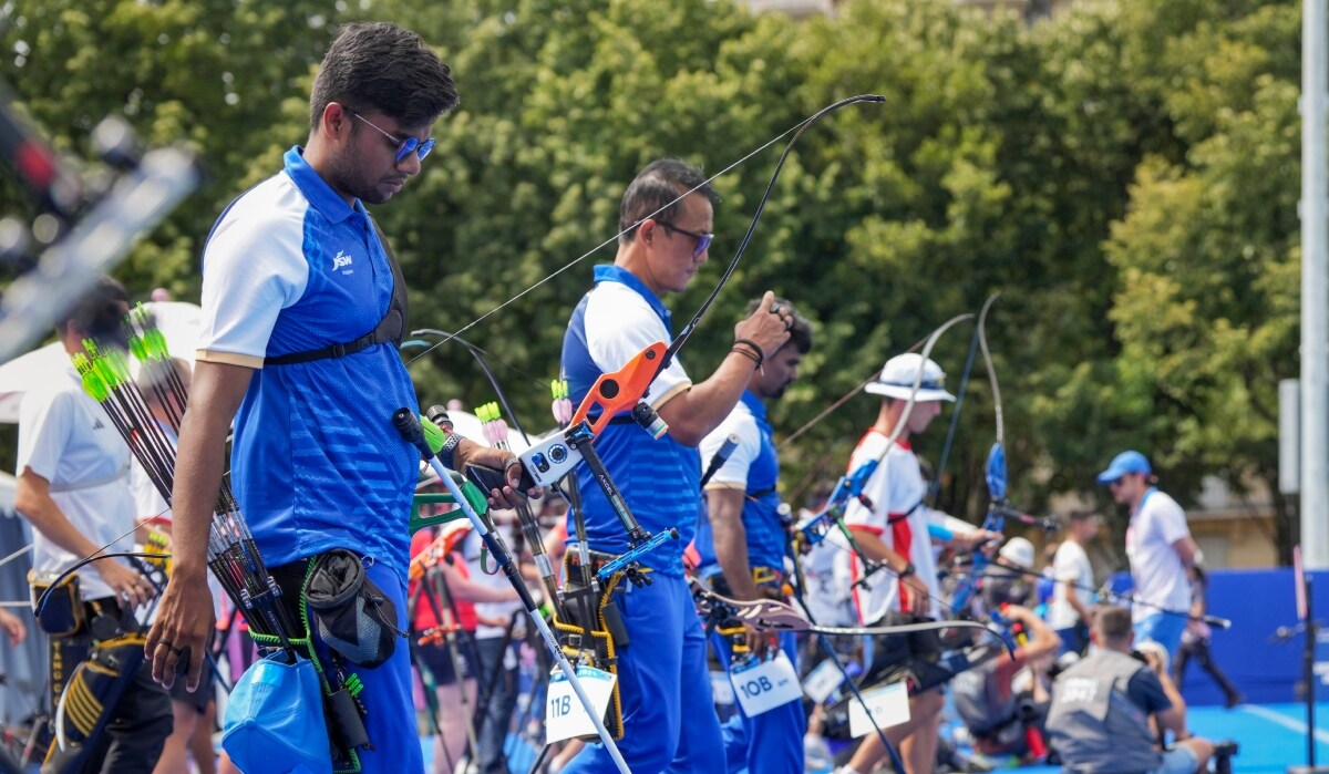 India's archers Dhiraj Bommadevara, Tarundeep Rai and Pravin Jadhav during the ranking round of men's archery event at the Paris 2024 Olympics | PTI
