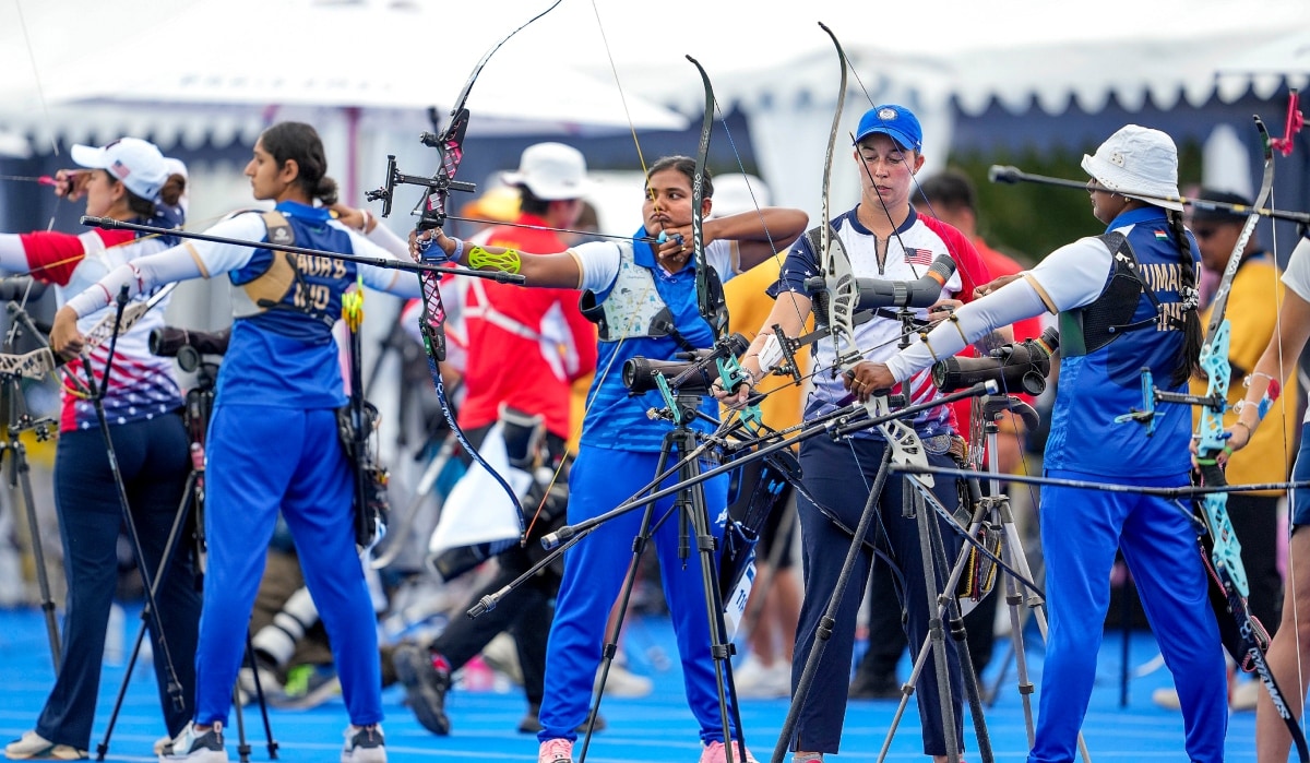 India's archers Bhajan Kaur, Ankita Bhakat and Deepika Kumari during women's individual ranking round at the Paris Summer Olympics 2024 | PTI