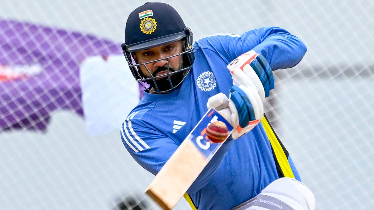 Rohit Sharma bats in the nets during a practice session at the M.A. Chidambaram Stadium in Chennai | AFP