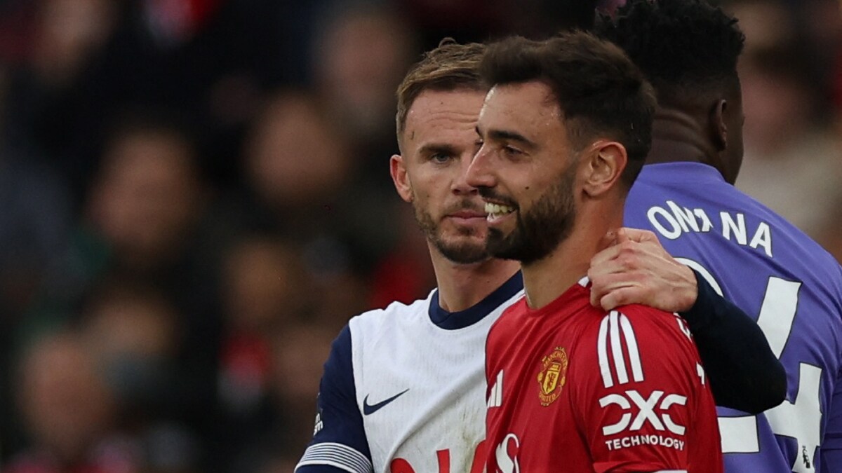 Tottenham Hotspur's James Maddison with Manchester United's Bruno Fernandes after being shown a red card | Reuters