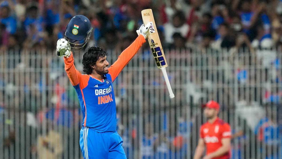 Tilak Varma celebrates after India won the second T20 cricket match against England | PTI