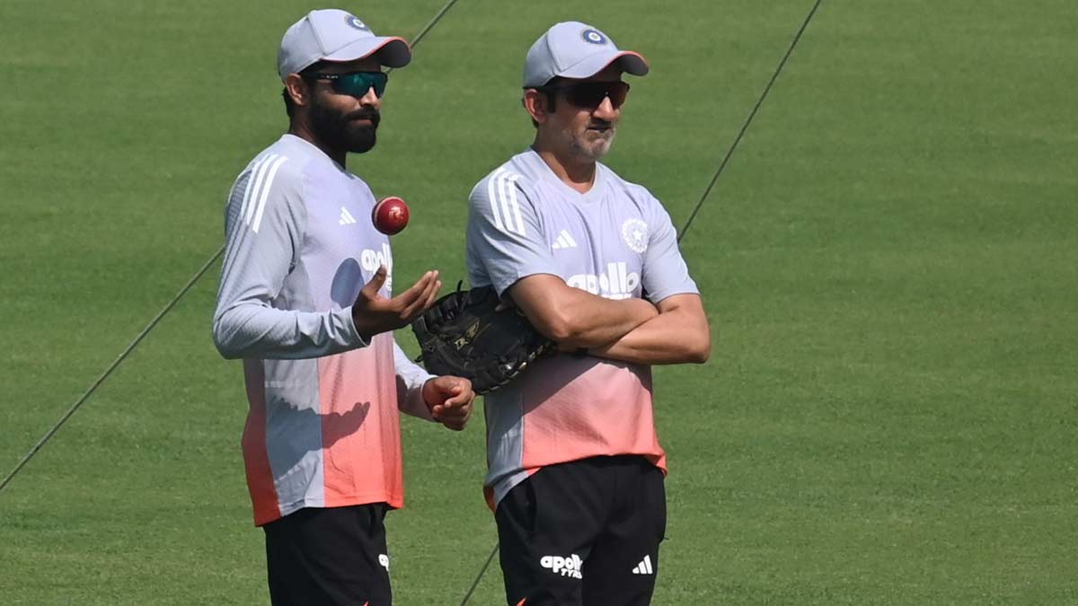 Head coach Gautam Gambhir with Ravindra Jadeja ahead of the Test against South Africa at the Eden Gardens in Kolkata | Salil Bera